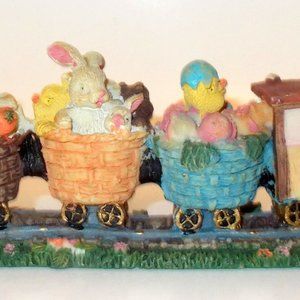 Vintage Spring Easter Shelf Decor Bunnies Ducks Chicks in Baskets Train Cars